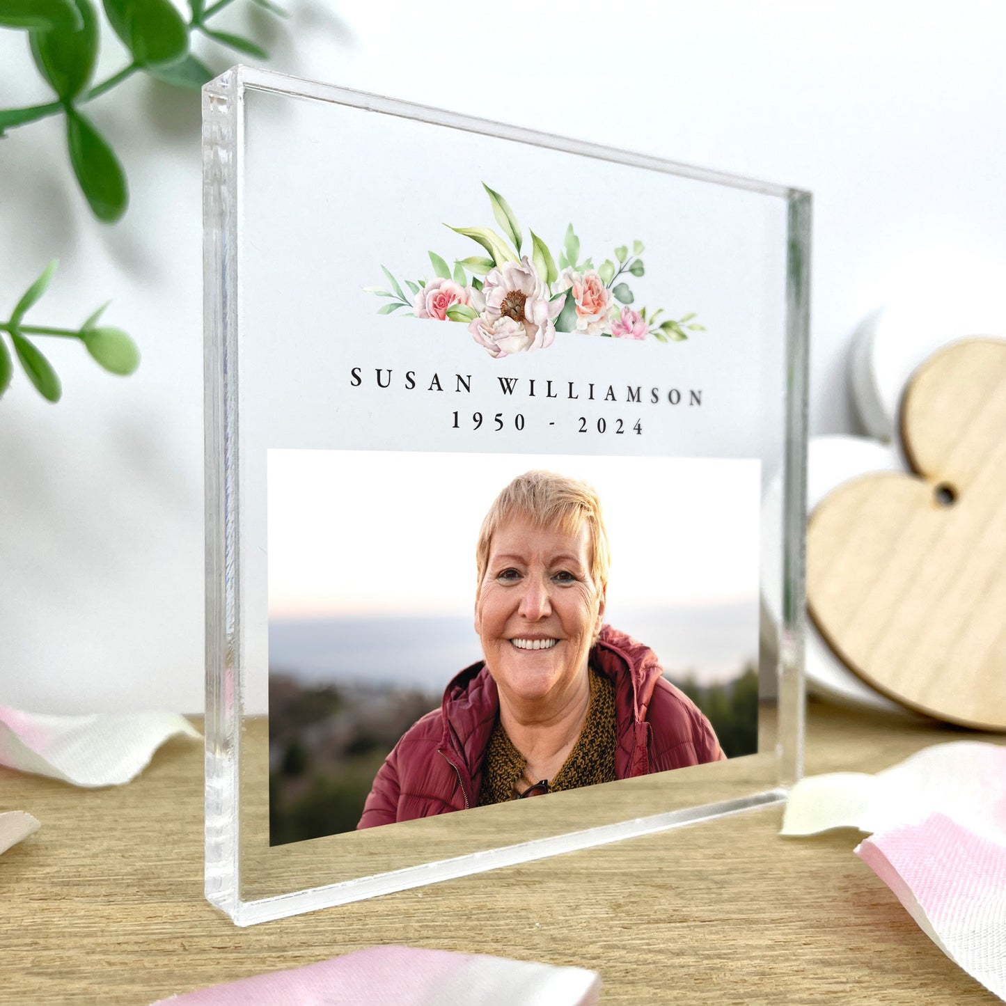 Personalised Pink Floral Memorial Photo Crystal Token