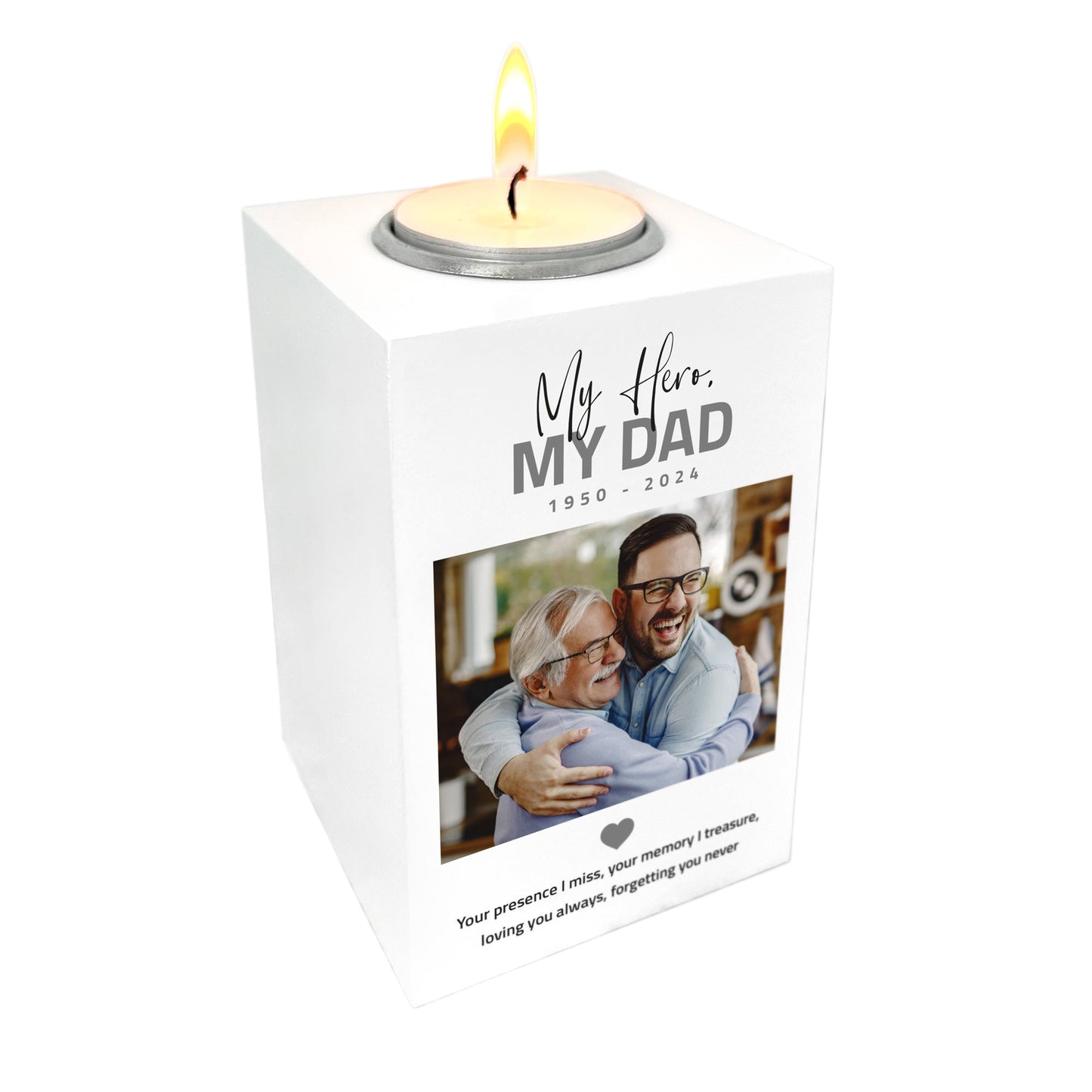 Personalised Memorial Bold Text White Wooden Photo Tea Light Holder