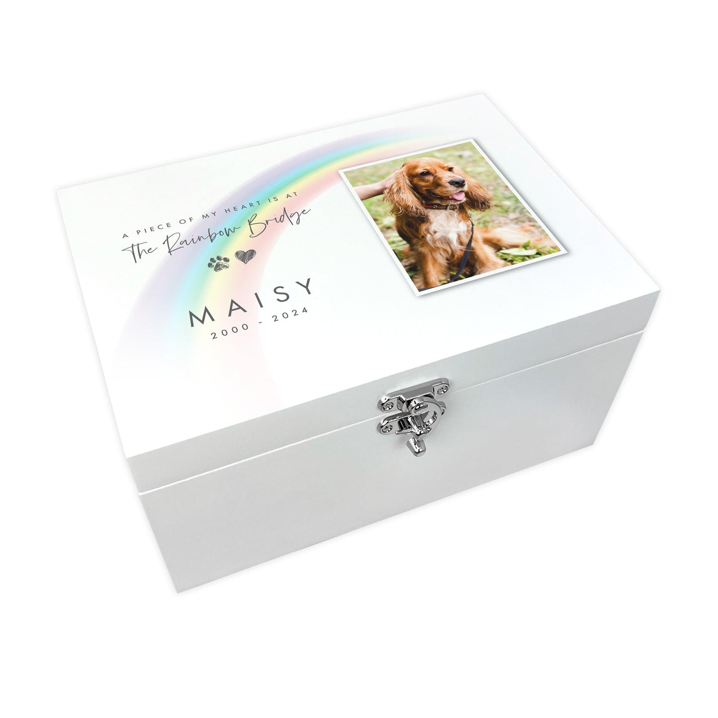 Personalised Luxury White Rainbow Bridge Pet Photo Memorial Keepsake Box - 3 Sizes (22cm | 27cm | 30cm)