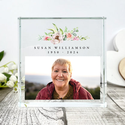 Personalised Pink Floral Memorial Photo Crystal Token