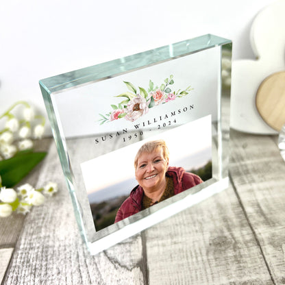 Personalised Pink Floral Memorial Photo Crystal Token