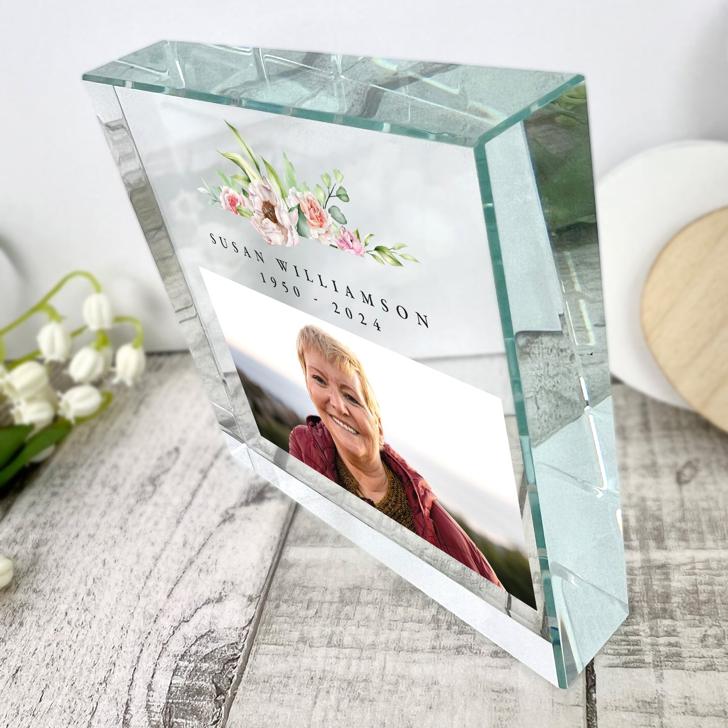 Personalised Pink Floral Memorial Photo Crystal Token