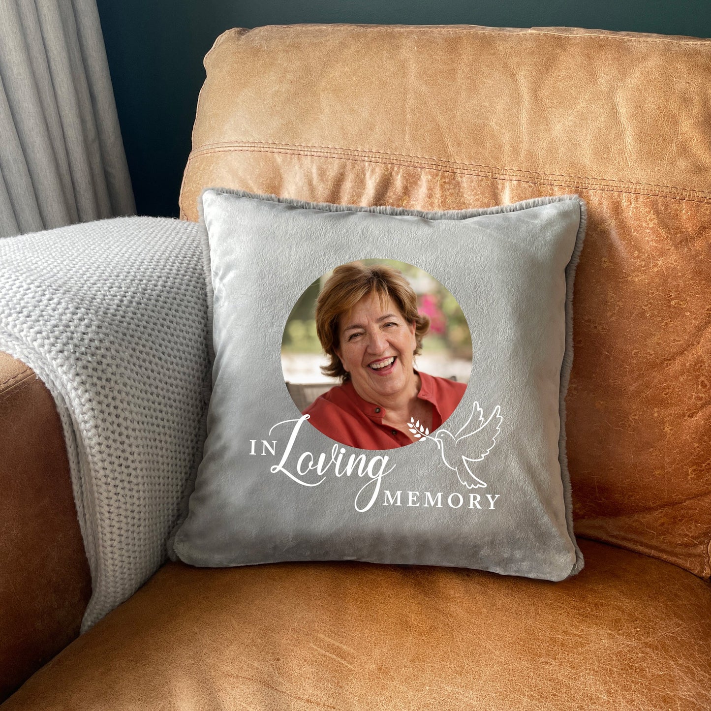 In Loving Memory Dove Photo Ashes Faux Fur Cuddle Cushion