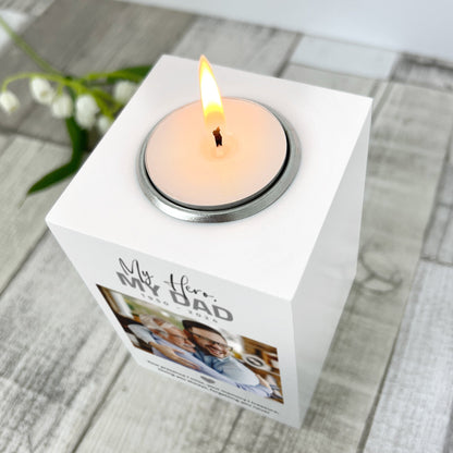 Personalised Memorial Bold Text White Wooden Photo Tea Light Holder