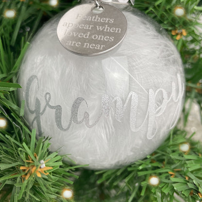 Personalised White Feather Filled Glass Memorial Bauble With Engraved Charm