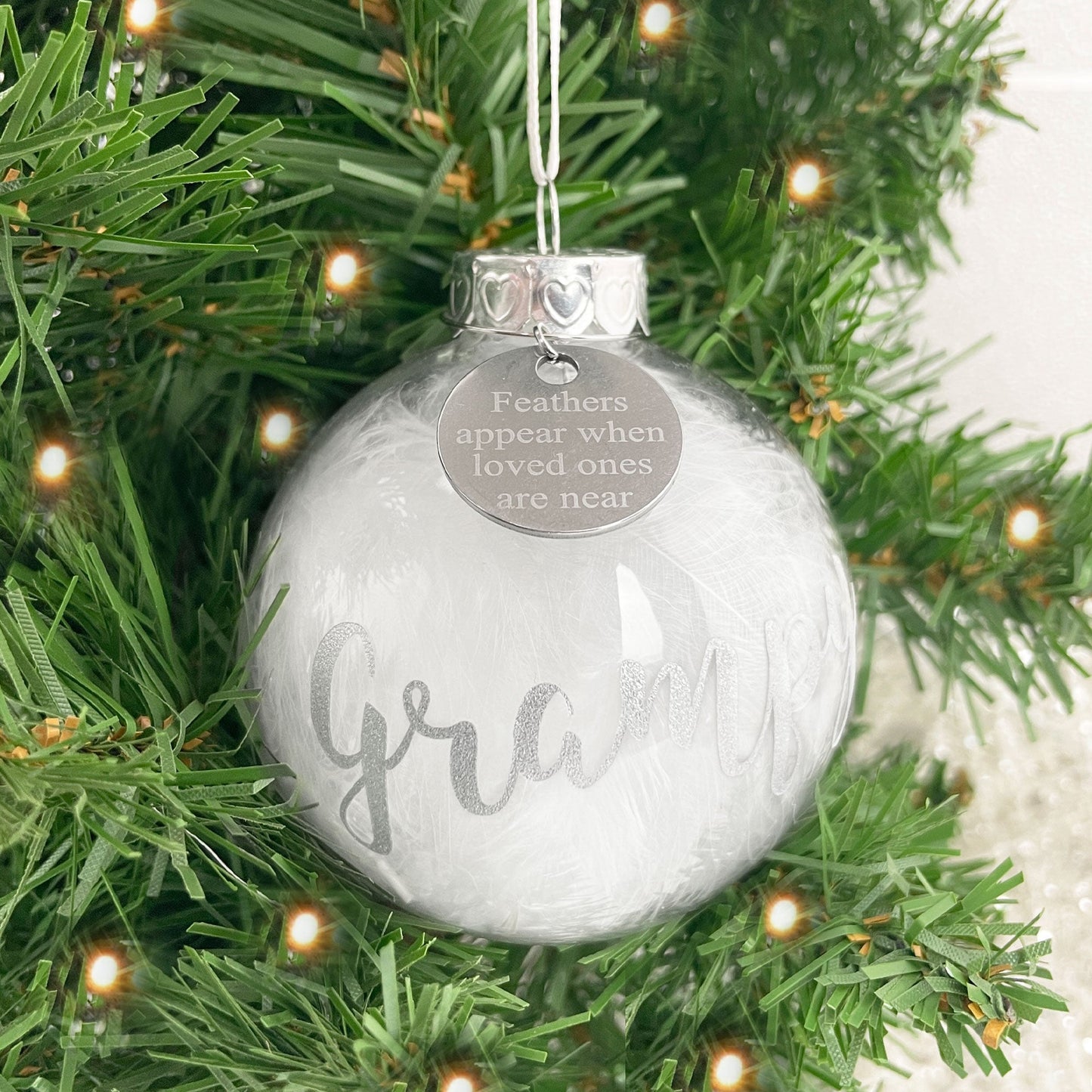 Personalised White Feather Filled Glass Memorial Bauble With Engraved Charm