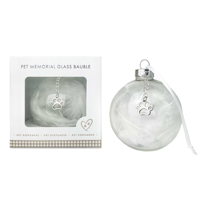 Pet Memorial Feather Filled Glass Bauble With Paw Print Charm