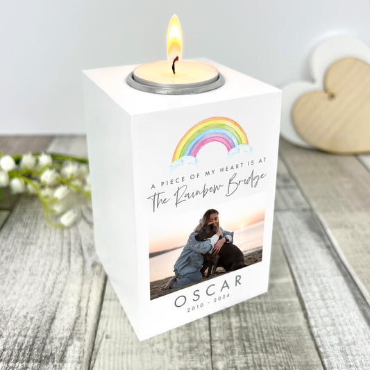 Personalised Watercolour Rainbow Pet Memorial Photo White Tea Light Holder