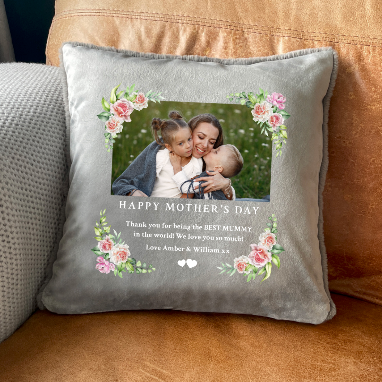 Personalised Any Message Photo Pink Floral Faux Fur Cuddle Cushion