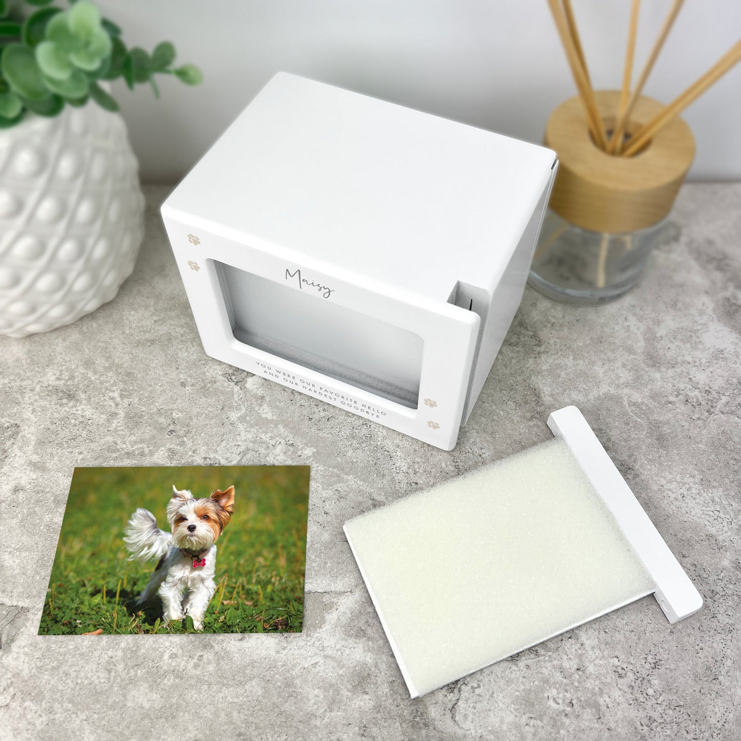 Personalised Neutral Paw Prints Cremation Urn For Pets Ashes Holds 9.5cm x 6cm Photo Landscape | 0.51 Litres