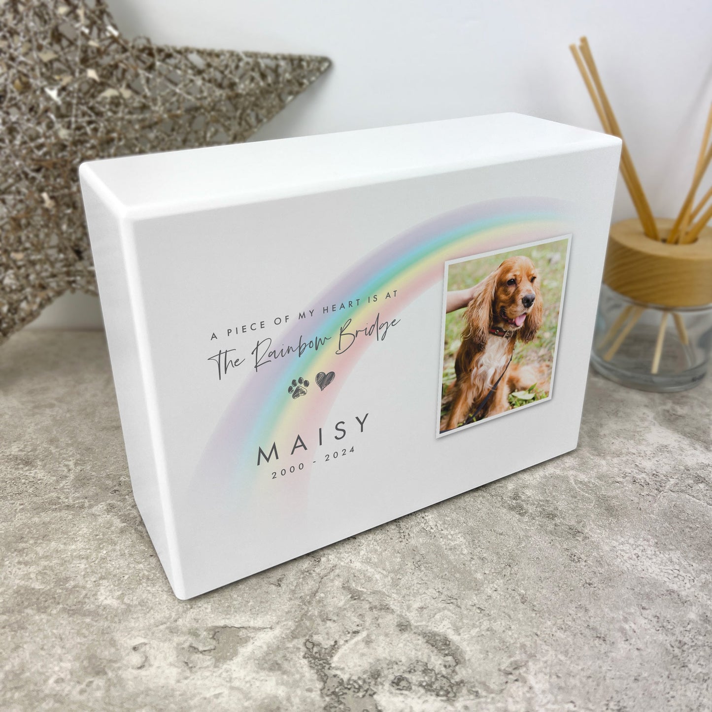 Personalised Soft Rainbow Bridge Photo Cremation Urn For Pets Ashes | 1.09 Litres