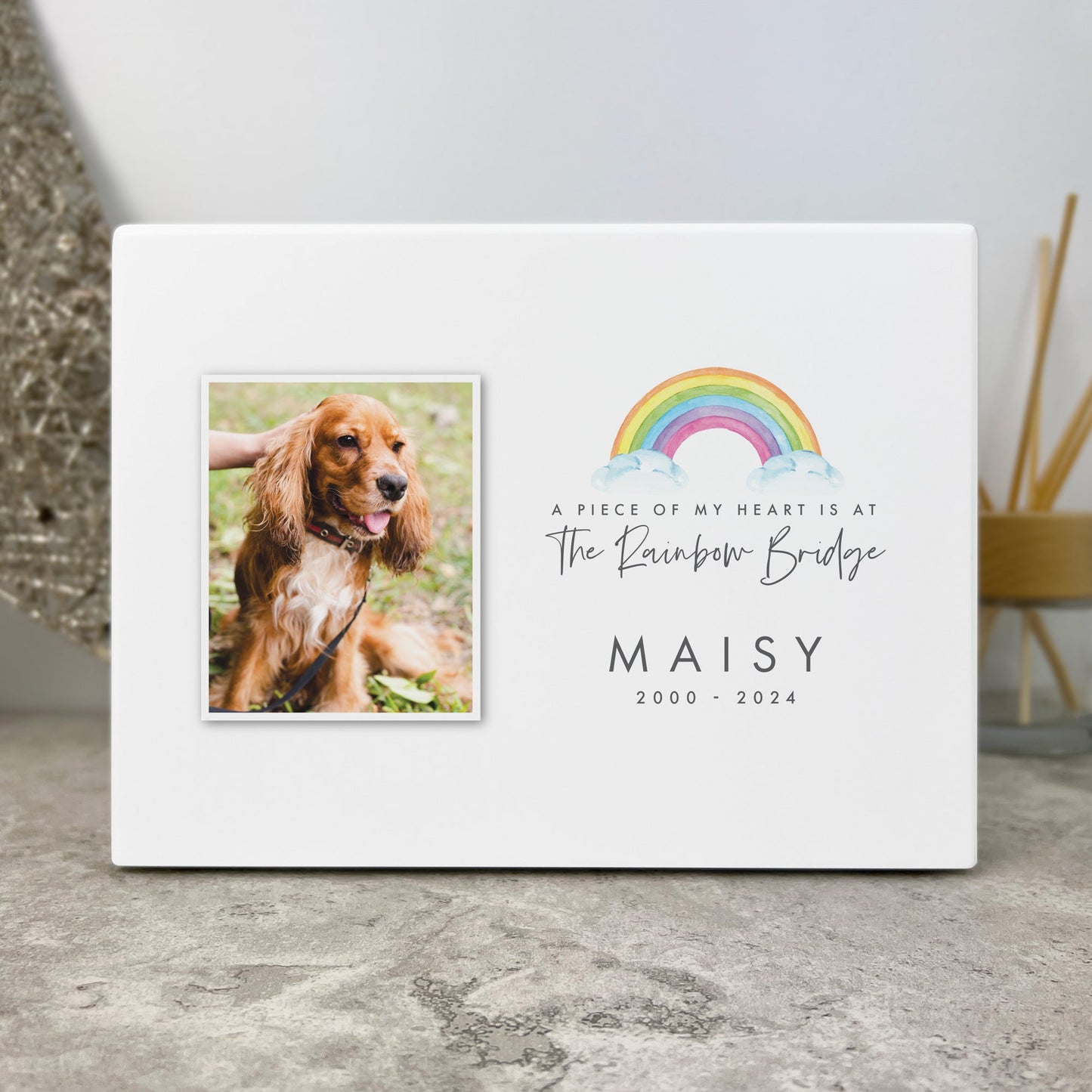 Personalised Watercolour Rainbow Bridge Photo Cremation Urn For Pets Ashes | 1.09 Litres