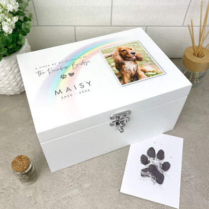 Personalised Luxury White Rainbow Bridge Pet Photo Memorial Keepsake Box - 3 Sizes (22cm | 27cm | 30cm)