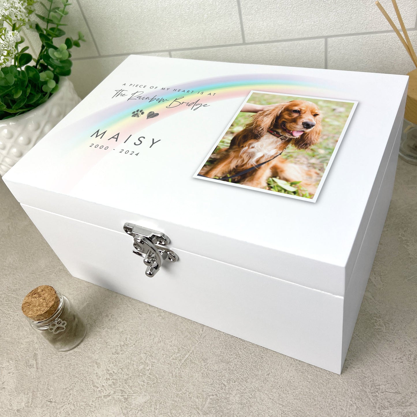 Personalised Luxury White Rainbow Bridge Pet Photo Memorial Keepsake Box - 3 Sizes (22cm | 27cm | 30cm)