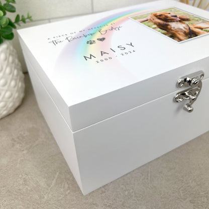 Personalised Luxury White Rainbow Bridge Pet Photo Memorial Keepsake Box - 3 Sizes (22cm | 27cm | 30cm)