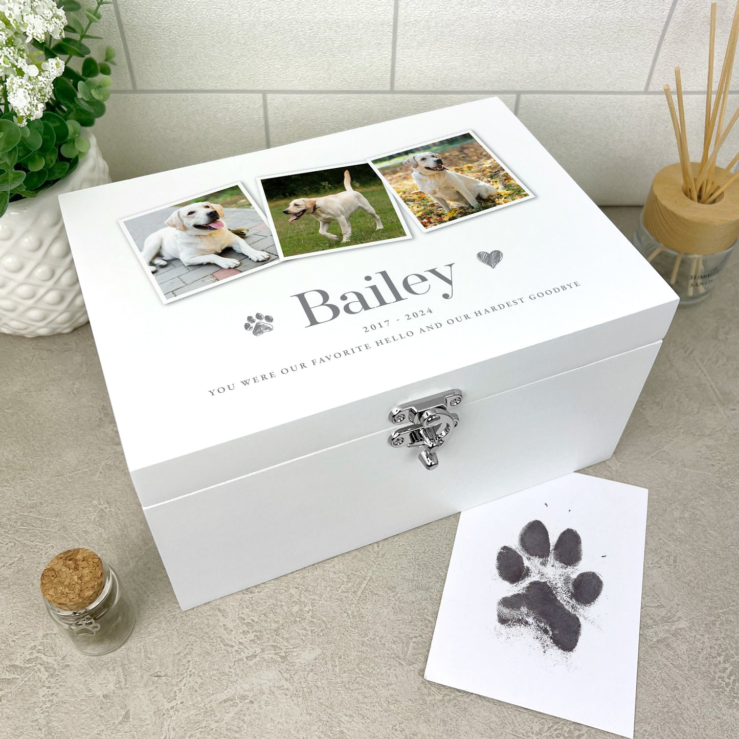 Personalised White Wooden Three Photo Pet Memorial Keepsake Box - 3 Sizes (22cm | 27cm | 30cm)