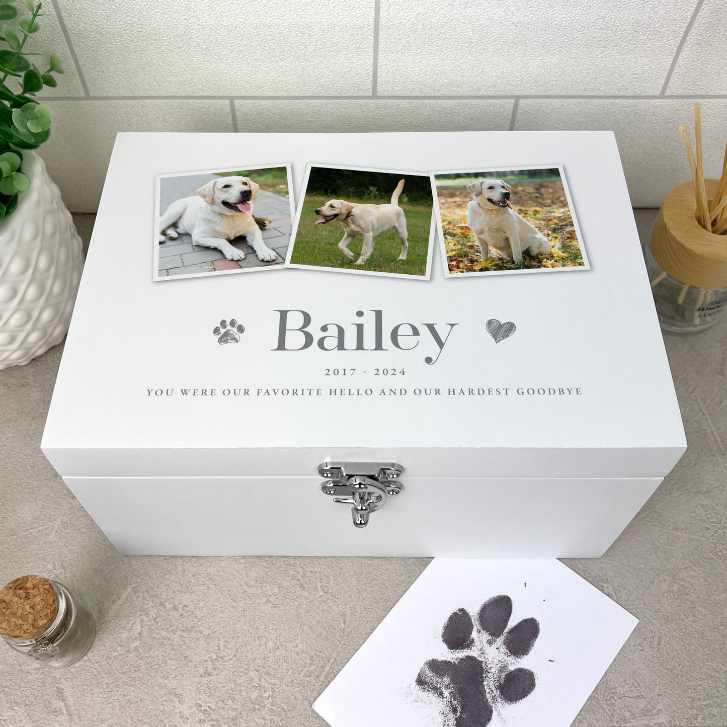 Personalised White Wooden Three Photo Pet Memorial Keepsake Box - 3 Sizes (22cm | 27cm | 30cm)