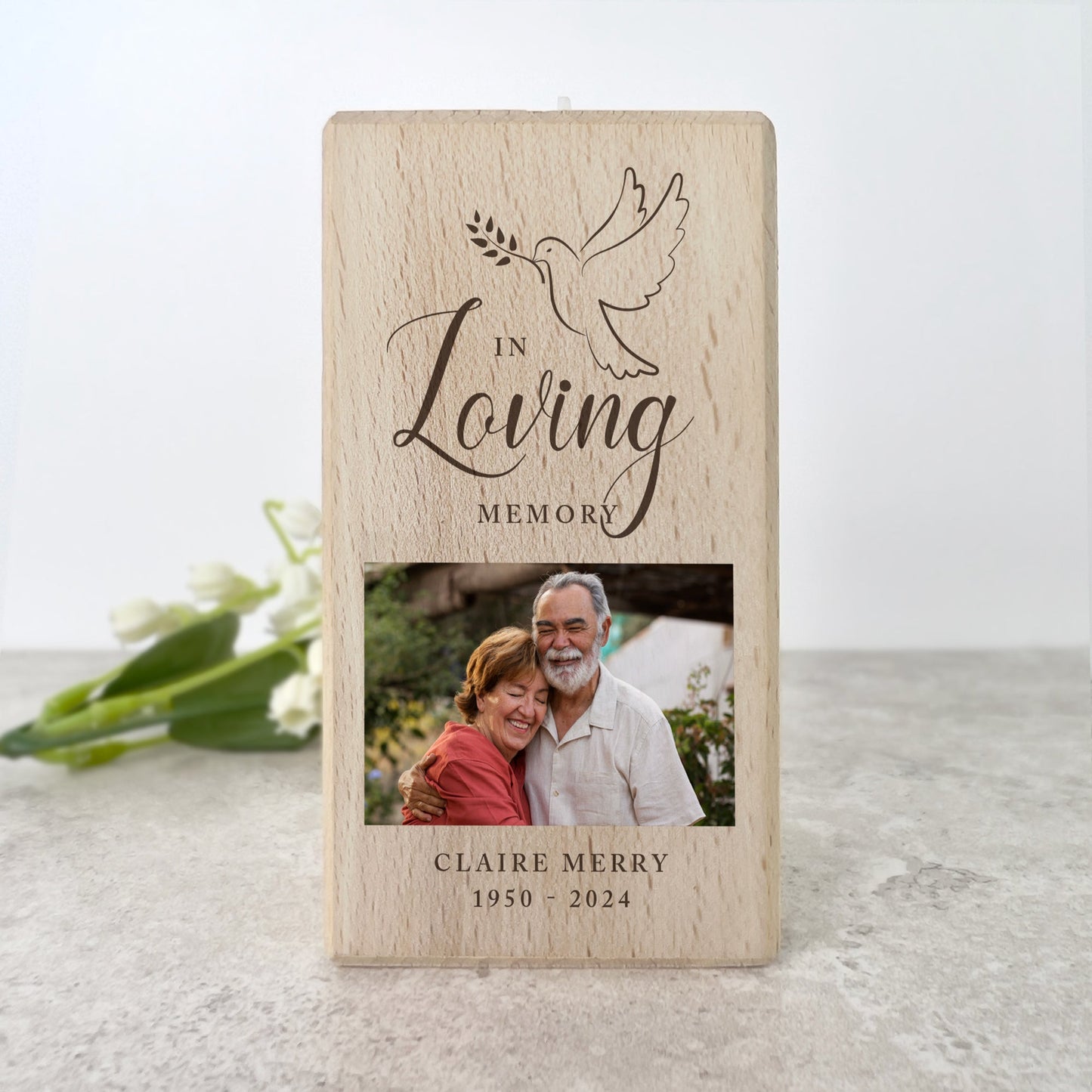 Personalised Memorial Dove Solid Wood Photo Tea Light Holder - 2 Sizes