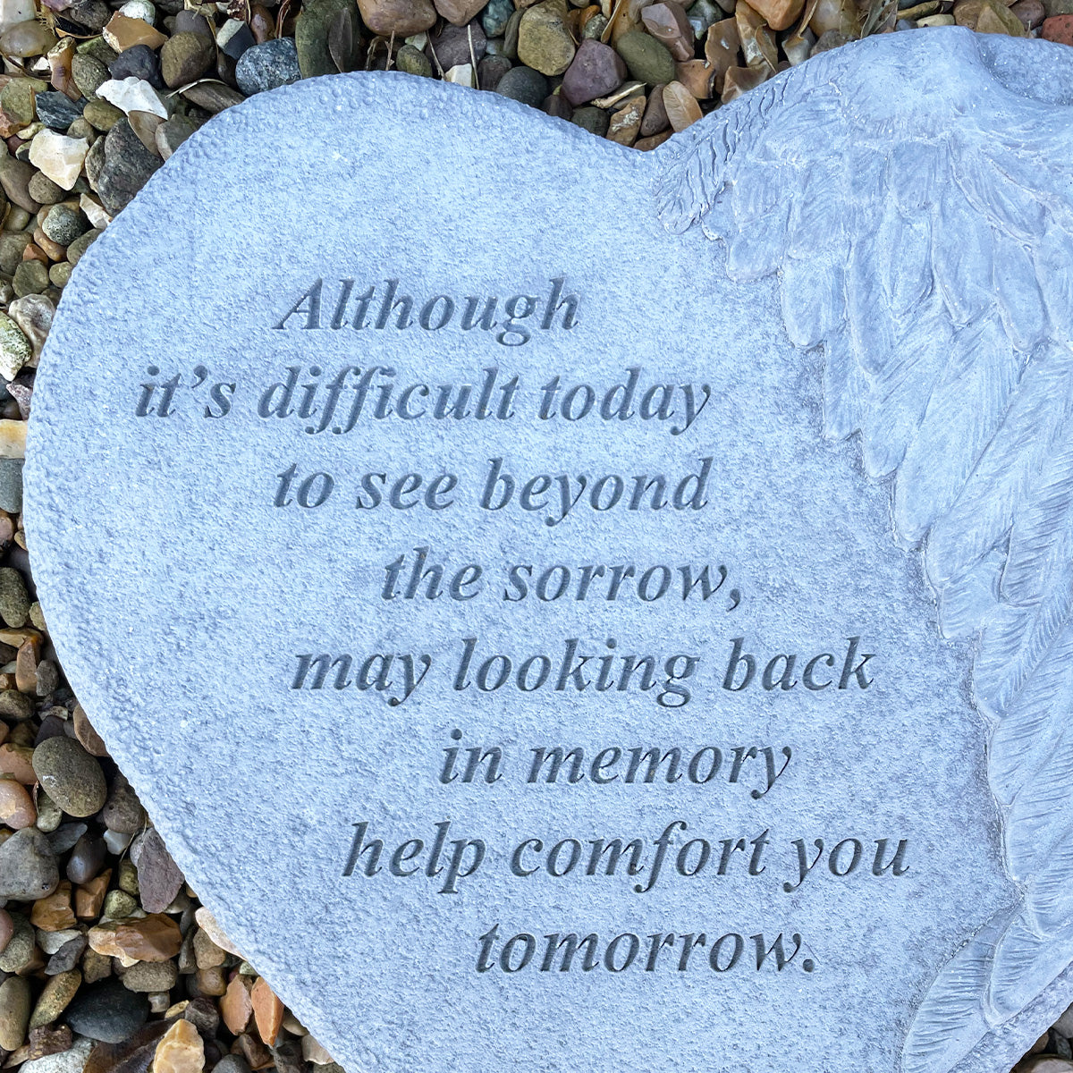 Large 23cm Memorial Heart Stone with Wing - Although it's difficult today