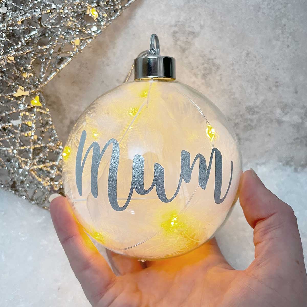 Personalised White Feather Filled Large LED Glass Bauble