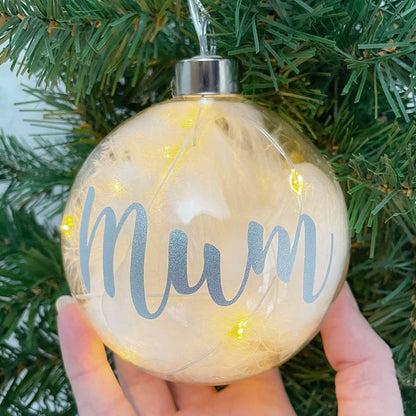 Personalised White Feather Filled Large LED Glass Bauble