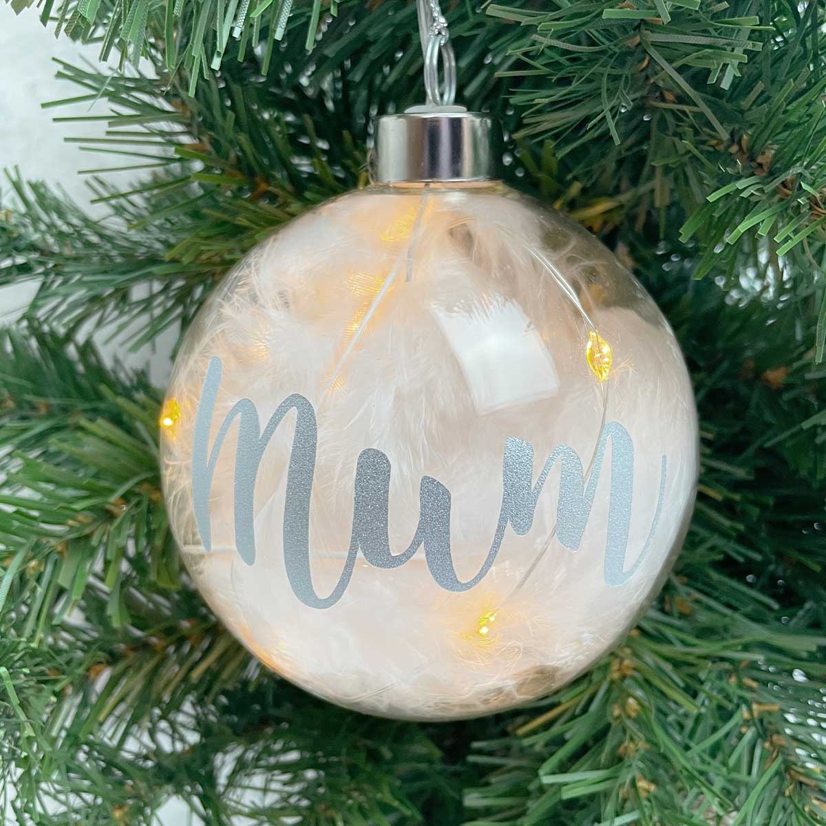 Personalised White Feather Filled Large LED Glass Bauble