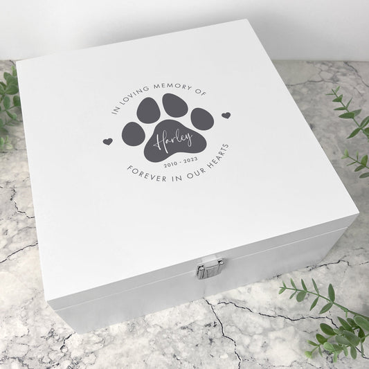 Personalised White Wooden Square Pet Name Memorial Memory Box - 2 Sizes