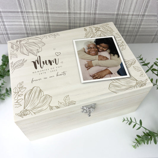 Personalised Luxury 34cm Floral Wooden Memorial Photo Keepsake Memory Box