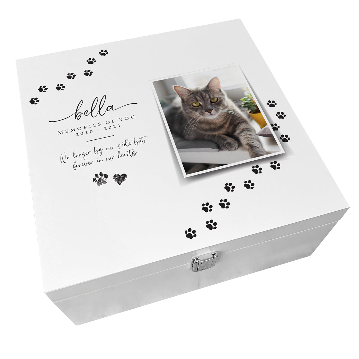 Personalised Paw Prints Square Luxury White Wooden Pet Memorial Photo Memory Box - 2 Sizes