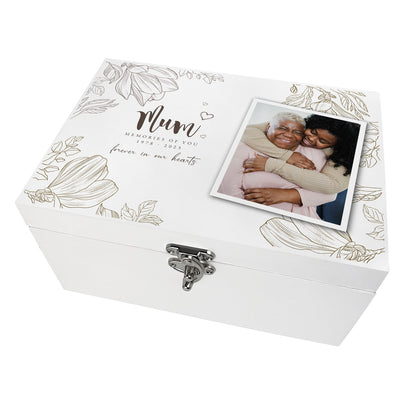 Personalised Luxury Floral White Wooden Memorial Photo Keepsake Memory Box - 3 Sizes (22cm | 27cm | 30cm)