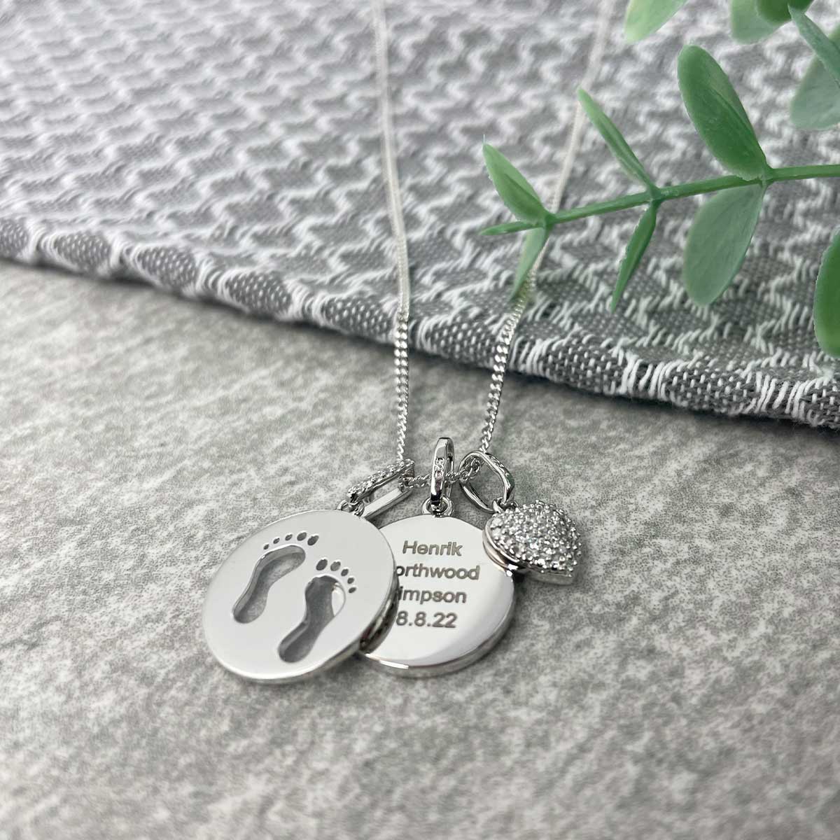 Personalised Necklace. Sterling Silver. Baby Footprints, Heart and Circle Pendants.