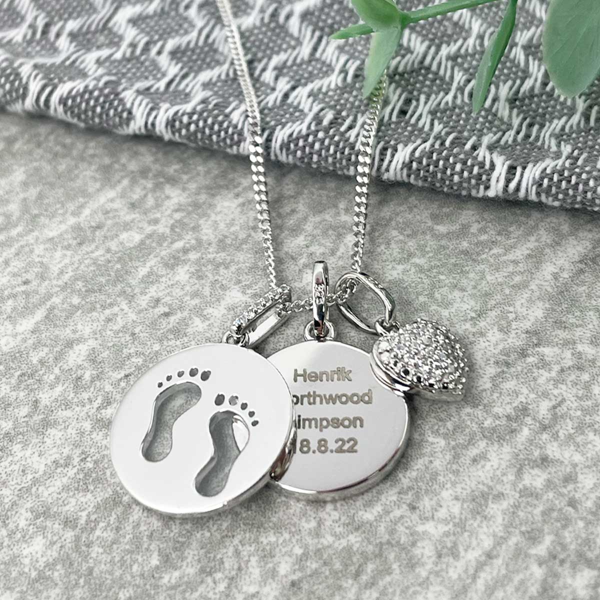 Personalised Necklace. Sterling Silver. Baby Footprints, Heart and Circle Pendants.