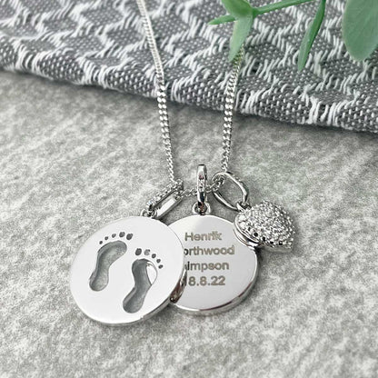 Personalised Necklace. Sterling Silver. Baby Footprints, Heart and Circle Pendants.