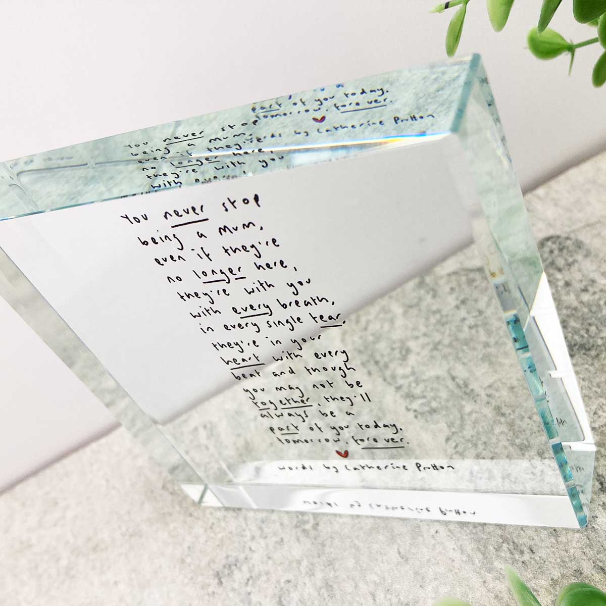 Freestanding Crystal Token with Baby Loss Poem for Mother's Day by Catherine Prutton
