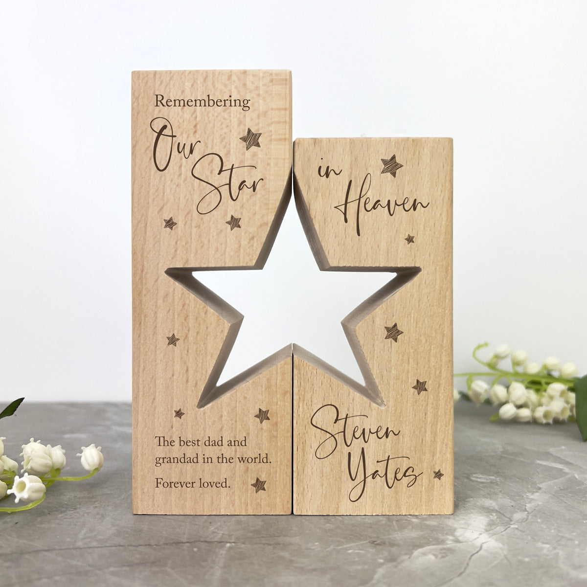 Personalised Solid Wooden Memorial Star Tea Light Holders