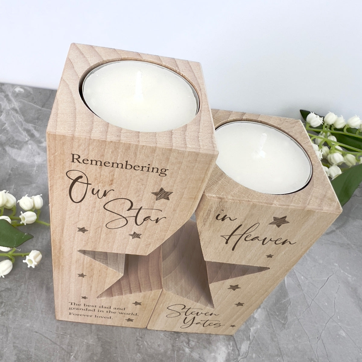 Personalised Solid Wooden Memorial Star Tea Light Holders