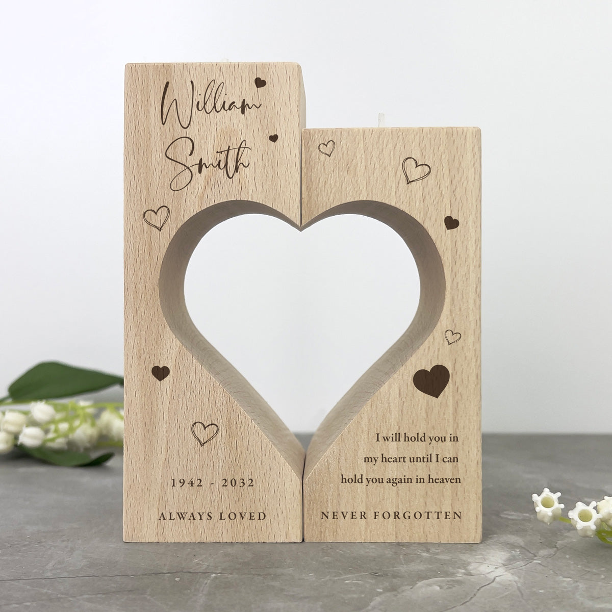 Personalised Solid Wooden Memorial Heart Tea Light Holders