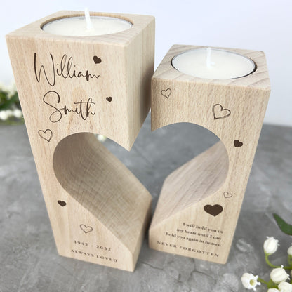 Personalised Solid Wooden Memorial Heart Tea Light Holders