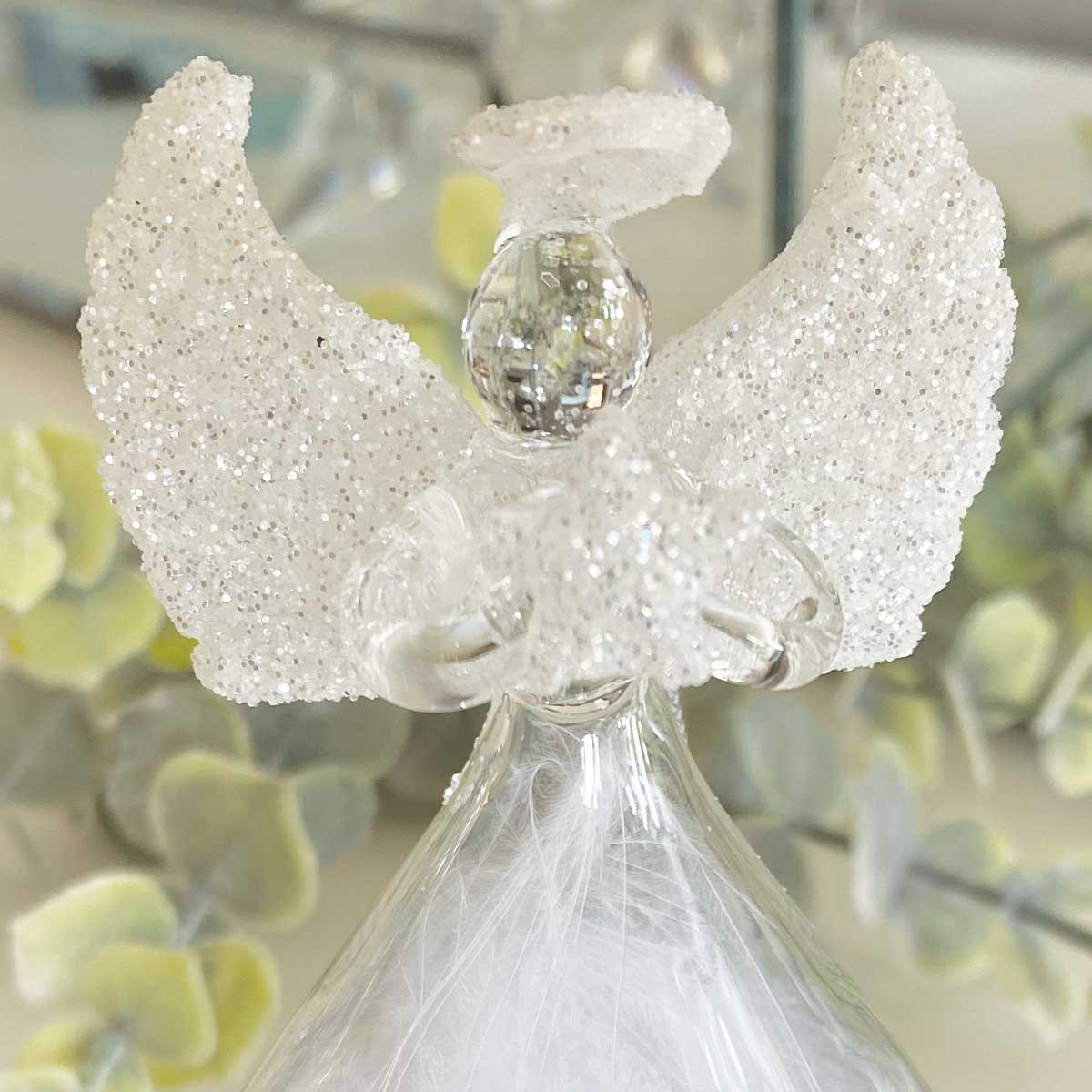 Personalised Memorial Ornament. Clear Glass Angel With Glitter And Feathers.