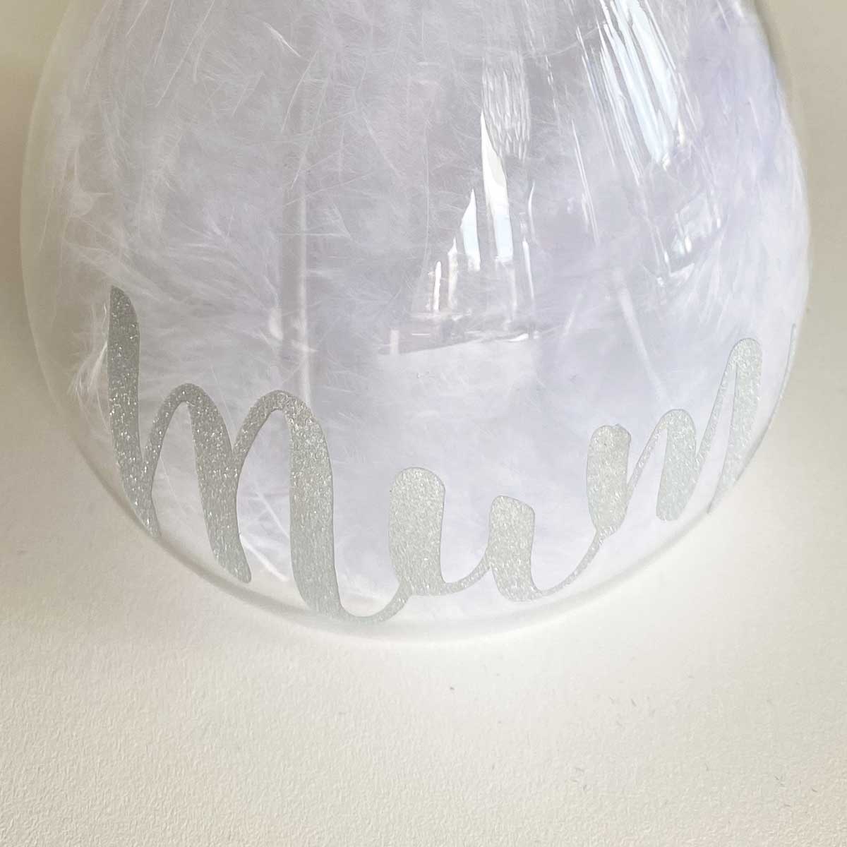 Personalised Memorial Ornament. Clear Glass Angel With Glitter And Feathers.