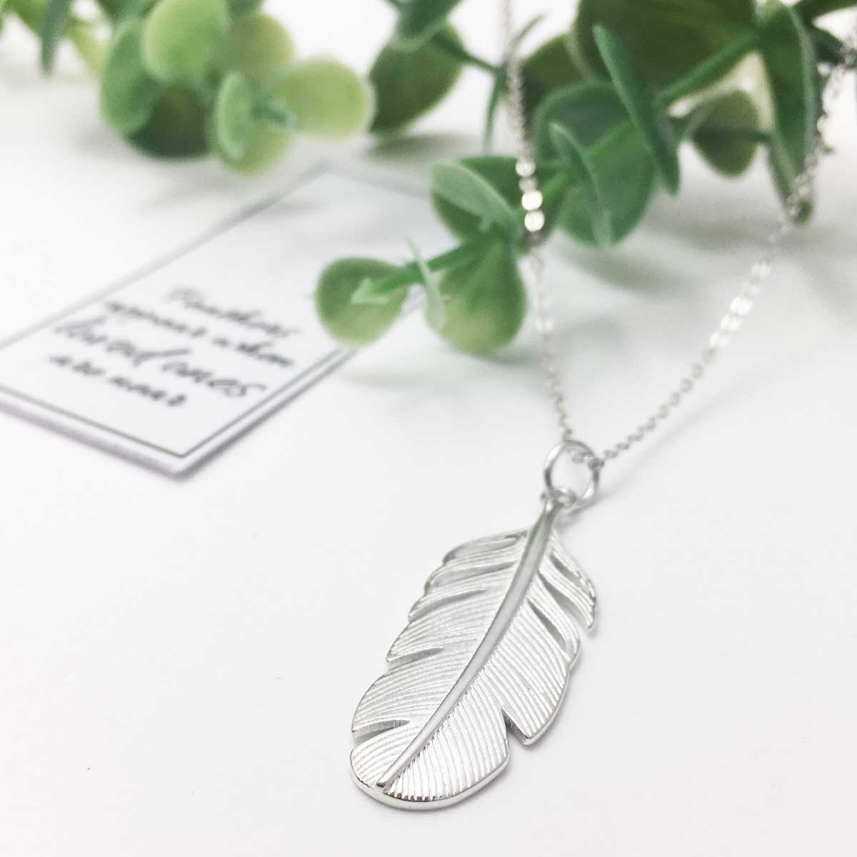 Memorial Necklace. Sterling Silver. Feather Pendant. With Condolence Card.