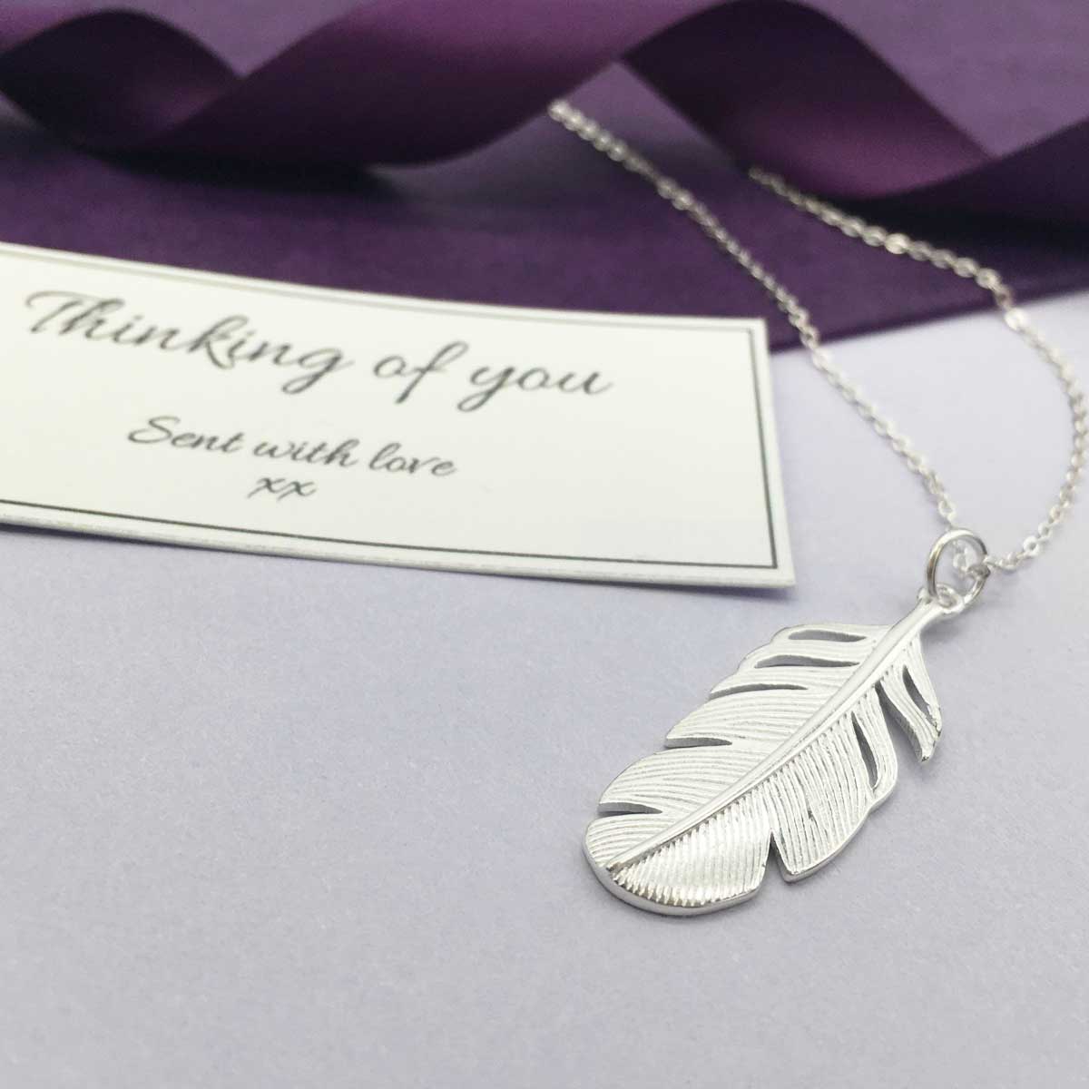 Memorial Necklace. Sterling Silver. Feather Pendant. With Condolence Card.