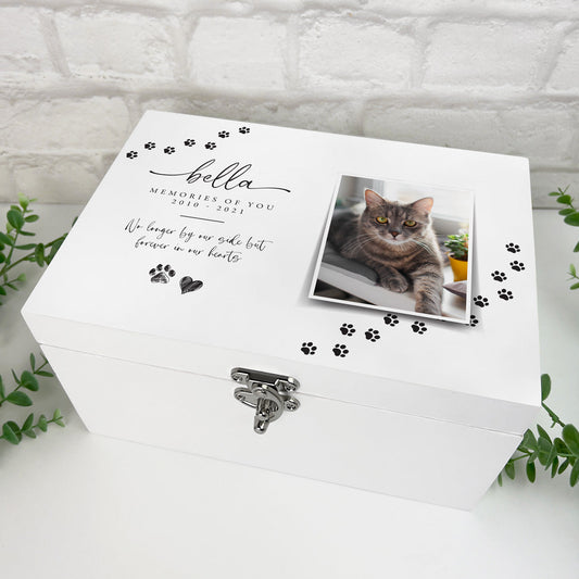 Personalised Paw Prints Pet Memorial White Wooden Photo Memory Box - 3 Sizes