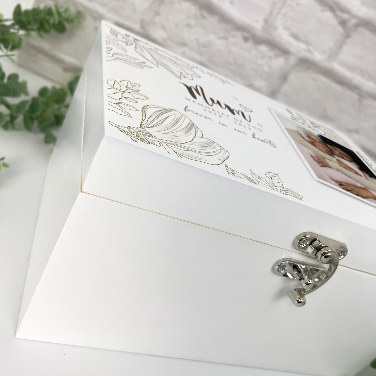 Personalised Luxury Floral White Wooden Memorial Photo Keepsake Memory Box - 3 Sizes (22cm | 27cm | 30cm)