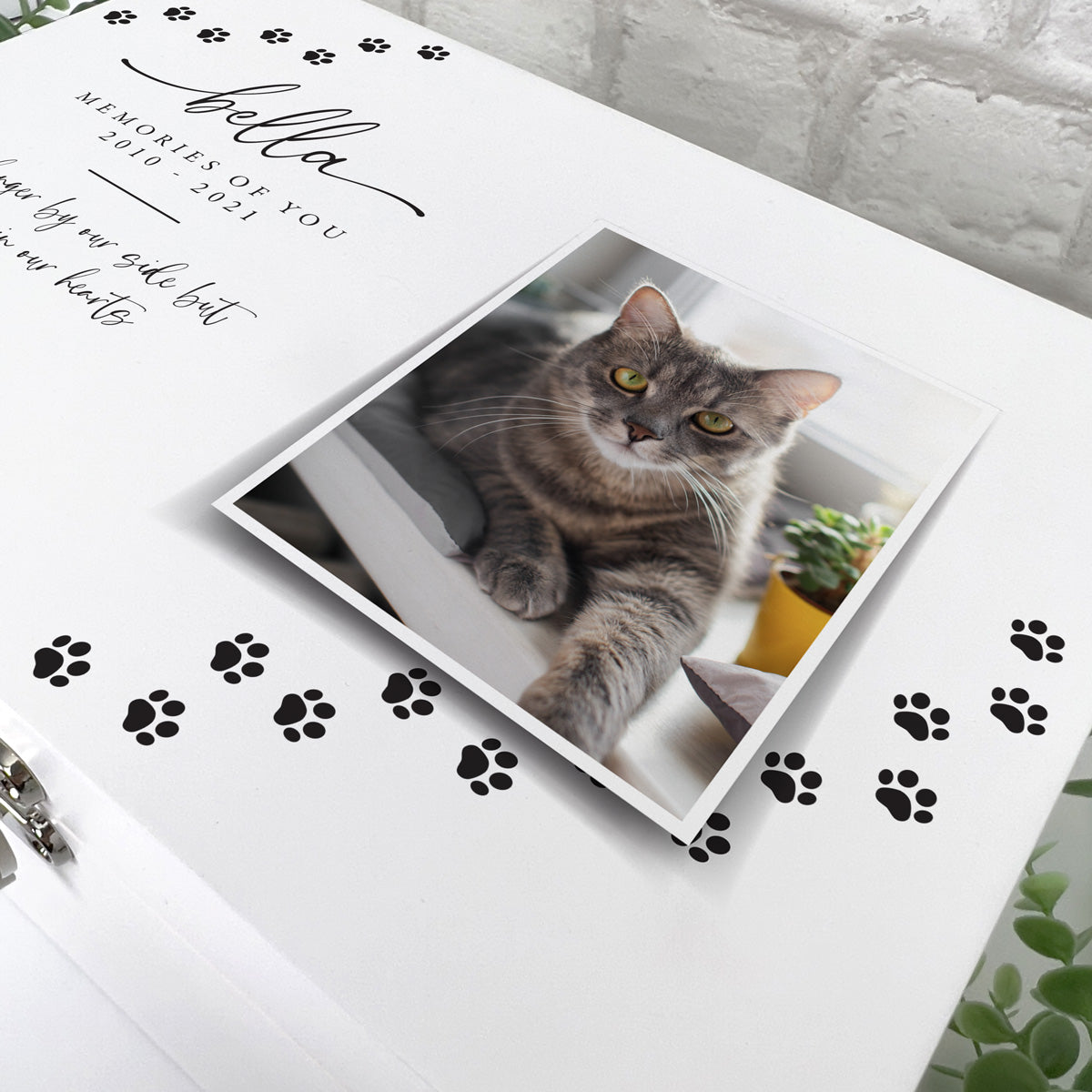 Personalised Paw Prints Luxury Pet Memorial White Wooden Photo Memory Box - 3 Sizes