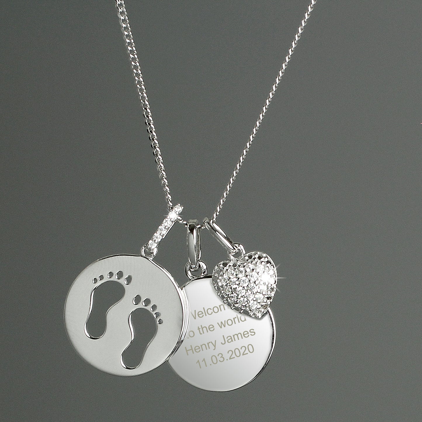 Personalised Necklace. Sterling Silver. Baby Footprints, Heart and Circle Pendants.