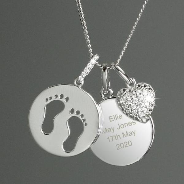 Personalised Necklace. Sterling Silver. Baby Footprints, Heart and Circle Pendants.