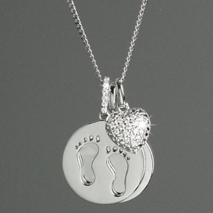 Personalised Necklace. Sterling Silver. Baby Footprints, Heart and Circle Pendants.