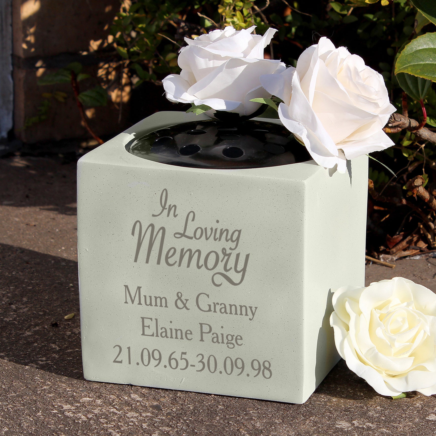 Personalised Graveside / Memorial Flower Holder. Cream coloured stone effect resin. 13.8cm/5.5inch square. 'In Loving Memory'. Personal inscription.