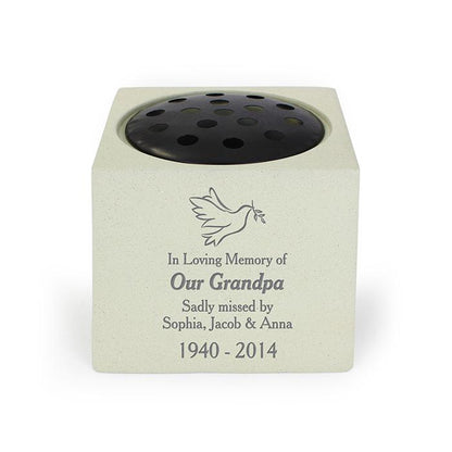 Personalised Graveside and Memorial Flower Holder. Cream coloured stone effect resin. 13.8cm/5.5inch square. Dove and Olive Branch motif. In Loving Memory of Our GrandPa Sadly Missed.